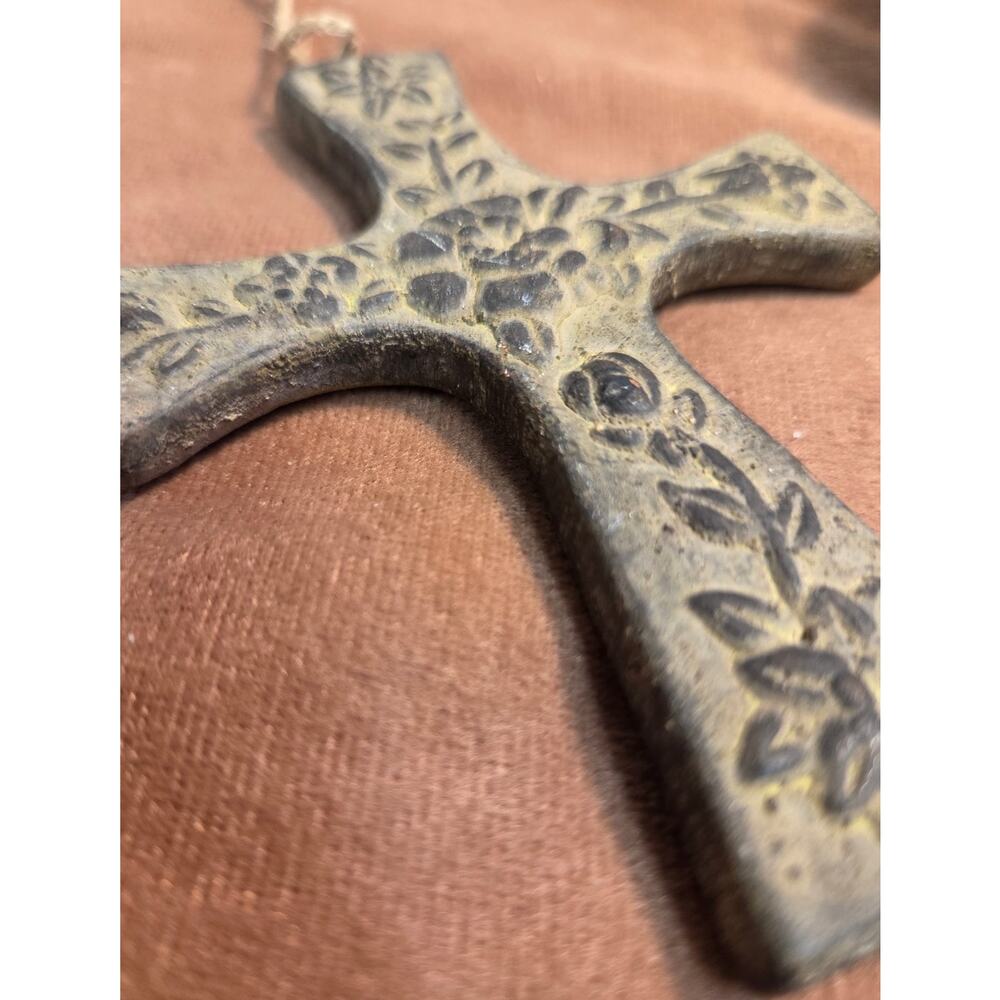 Handmade Floral Ceramic Cross Wall Hanging Rustic Religious Decor - Picture 3 of 5